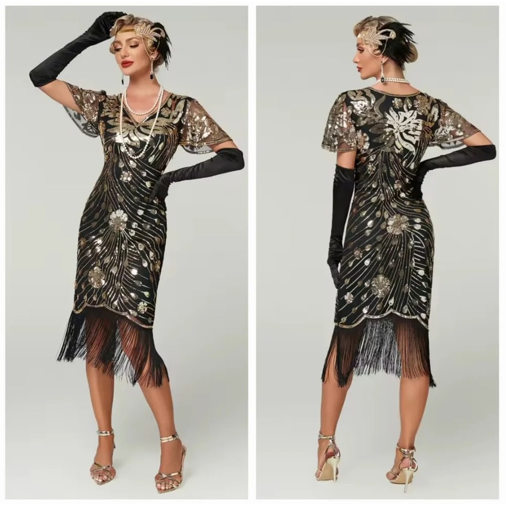 Yessa Flapper Dress Women M Black Gold Sequin Midi Fringe Great Gatsby Party 20s